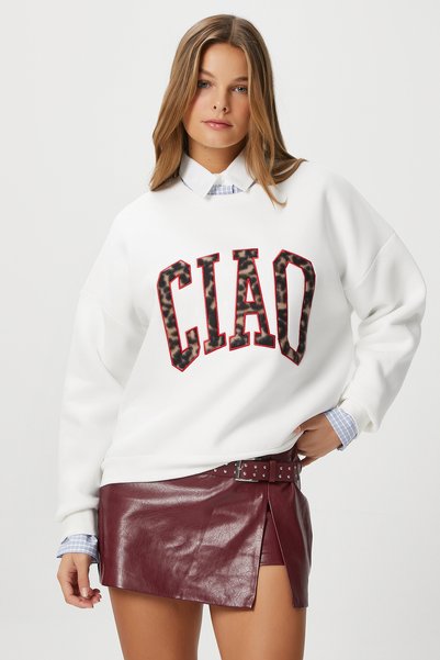 Women's Ciao Embroidered Fleece Inside Leopard Ecru Oversize Seeshirt