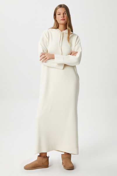 Women's Fusion Hooded Cream Long Knitwear Dress