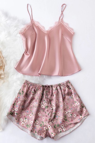 Lace Embroidered Floral Print Shorts Pajama Set
