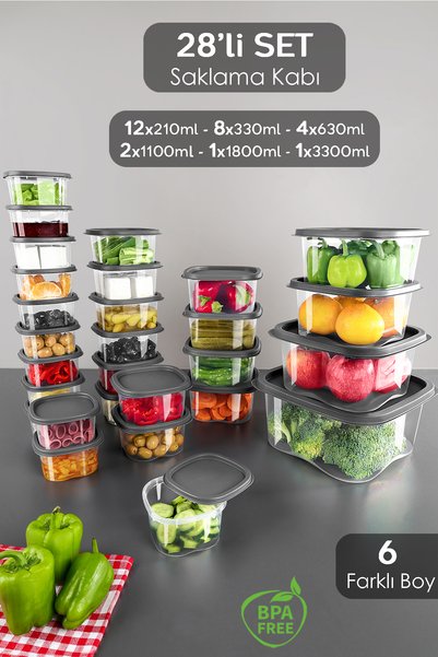 28-Piece Square Food Storage Container Set - Microwave and Freezer Safe Storage Container Anthracite