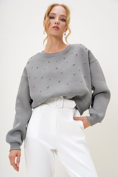 Women's Painted Gray Crew Neck Sweatshirt with Pearl Buttons on the Front and Three Thread Ribbons Alc-X13177
