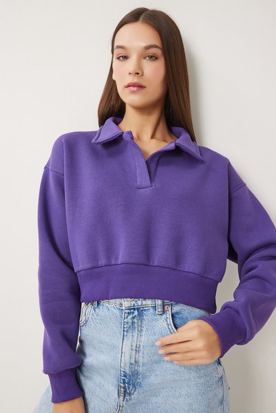 Women's Purple Polo Collar Raised Crop Knitted Sweatshirt Hw00014