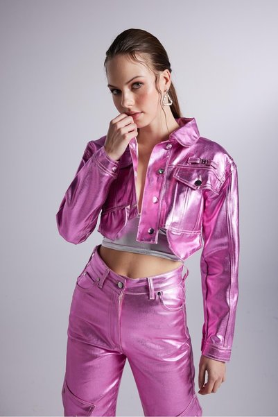 Foil Coated Crop Millen Jacket Pink
