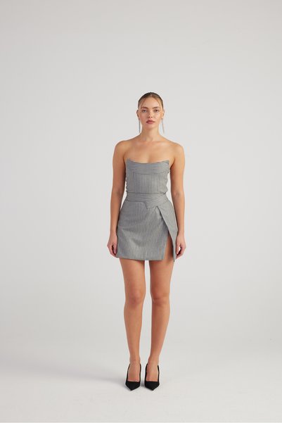 Slit Asymmetrical Waist Glittery Striped Eden Mini Skirt Gray