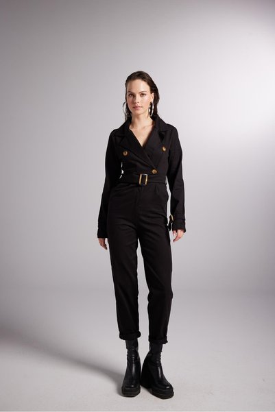 Padded Belt Detailed Gabardine Solano Jumpsuit Black