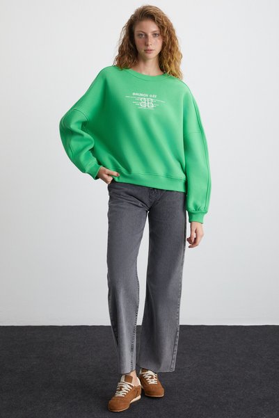 Kate Women's Green Sweatshirt with Embroidery Detail