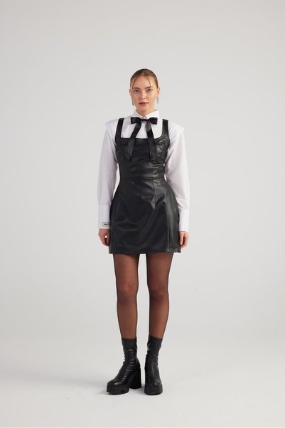 Square Neck Vegan Leather Larissa Dress Black