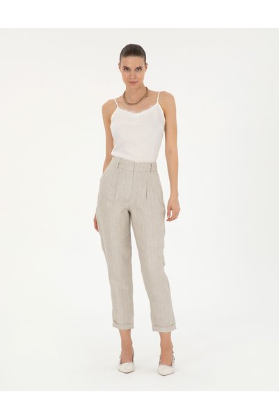Beige Linen Blend Carrot Fit Trousers 50285479-Vr011