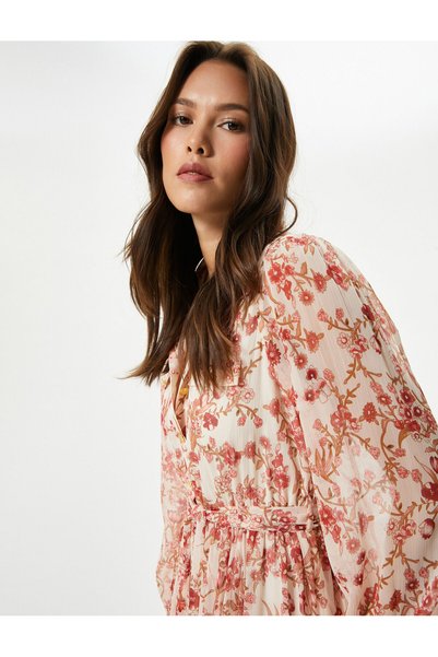 Floral Long Dress Balloon Sleeve Belted Buttoned