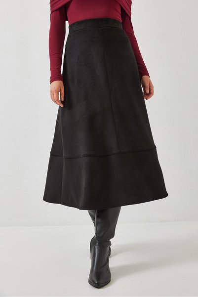 Women's Black Suede Skirt with Piece Detail 60351273