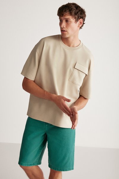 Artur Men's Thick Special Textured Fabric Beige T-shirt with Pockets