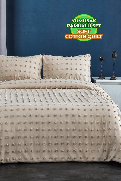 Cotton Emmy Bedspread Set Single Size Casual Boho Reversible 2 Piece Padded Tufting Beige