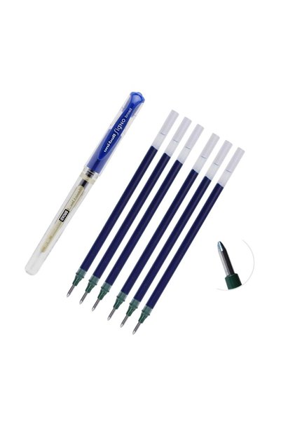 Blue Signature Pen 1 Piece and Refill 6 Pieces Um-153 Signo Broad Roller Pen Refill 1.0 mm