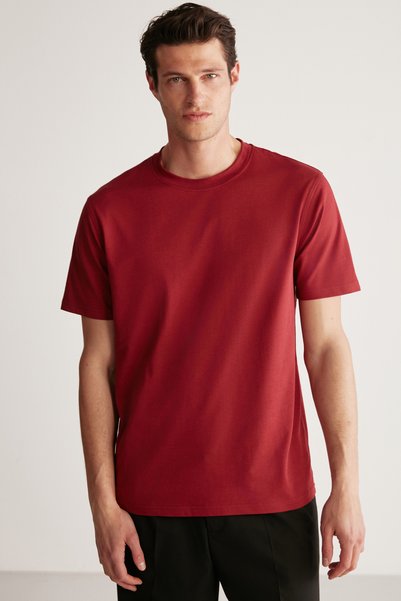 Rudy Men's 100% Organic Cotton Breathable Non-Interior Crew Neck Basic Claret Red T-Shirt