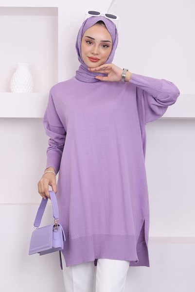 Lilac Crew Neck Mercerized Casual Knitwear Tunic