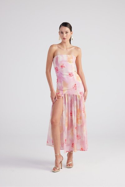 Rose Patterned Shirred Slit Chiffon Long Vivian Dress Pink