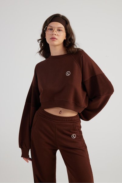 Crew Neck Plain Crop Cali Sweatshirt Brown