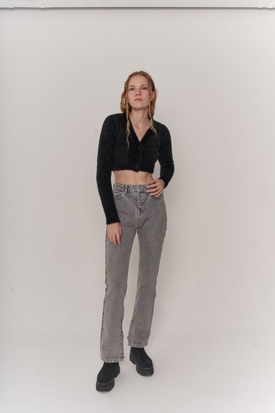 Lycra-Free High Waist Straight Cut Toll Jean Trousers Gray