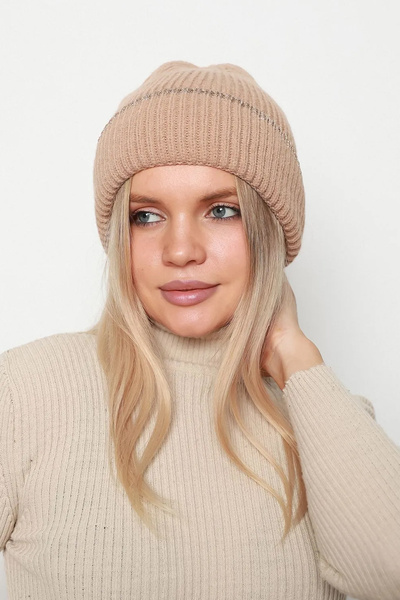 Women's Beanie with Glitter Detail RKŞ-1139 Camel
