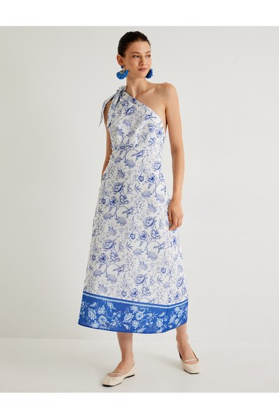X Selected by Melis Ağazat - Floral One-Shoulder Midi Dress with Lining and Bow Detail