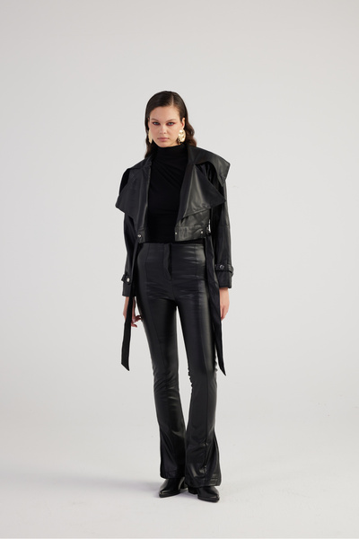 Women's Black High Waist Zippered Neeko Leather Trousers