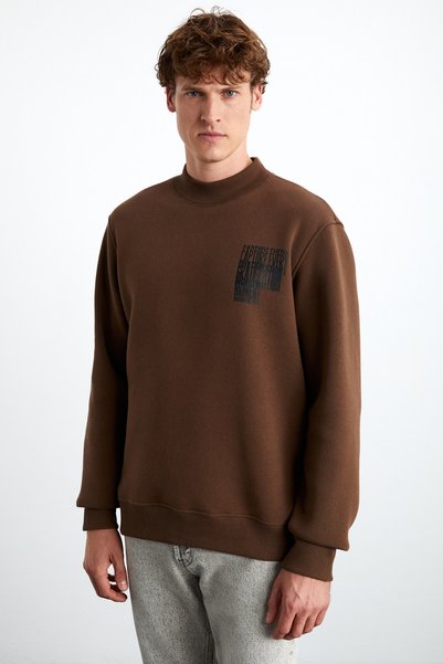 Chasey Men's Organic Cotton Stand Collar Fleece Printed Bitter Brown Sweatshirt