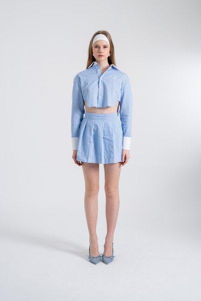 Striped Pleated Mini Harmony Poplin Skirt Blue