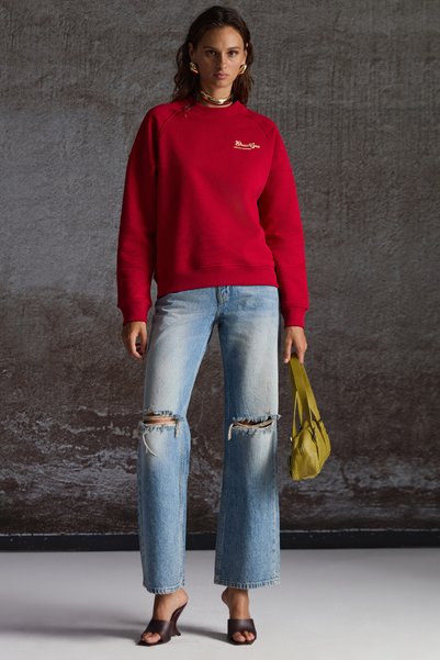 Rickea Women's Embroidery Detailed 3 Thread Red Sweatshirt