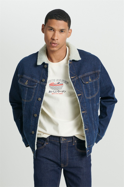 Regular Fit Regular Cut Dark Blue Sherpa Jean Denim Jacket