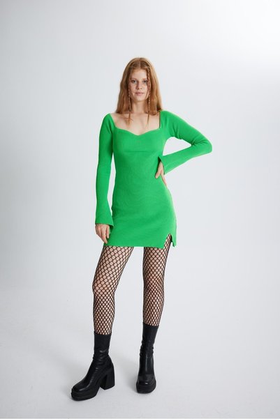 Spanish Sleeve Heart Collar Slit Detailed Mini Knitwear Rolla Dress Green