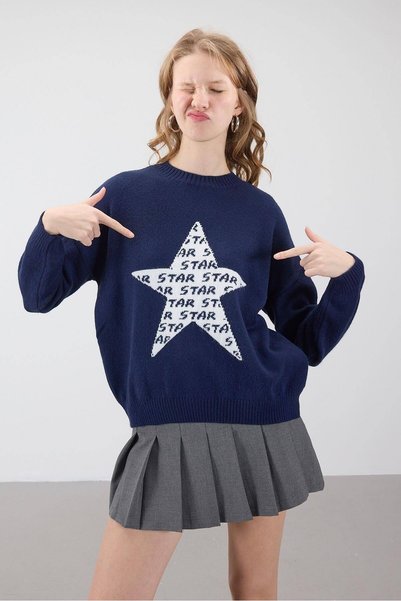 Crew Neck Star Patterned Sweater K3407-A7