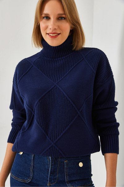 Women's Navy Blue Turtleneck Knitwear Sweater 20246916