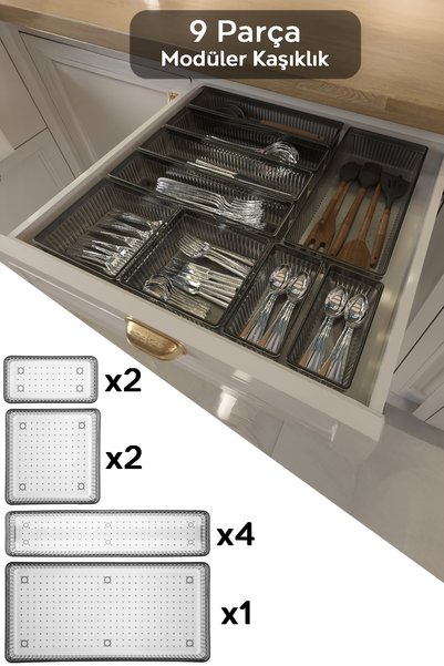 9 Piece Modular Spoon Holder Set - Adjustable Kitchen Drawer Organizer Anthracite