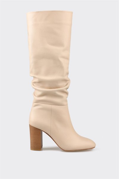 Beige Leather Women's Heeled Boots