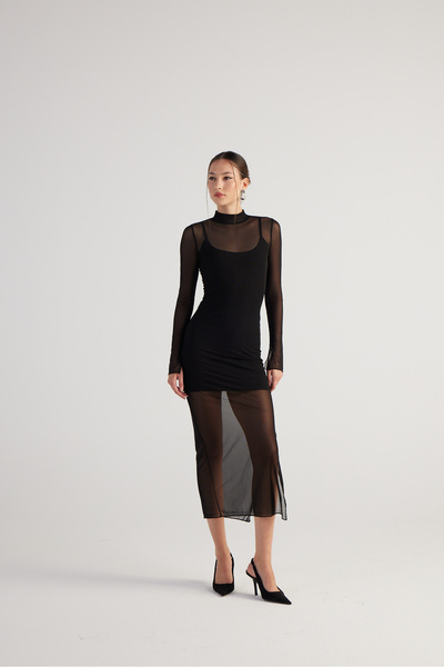 Lined Half Fisherman Tulle Kamille Dress Black