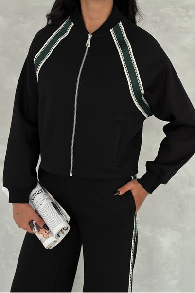 Women's Black Stripe Detailed Zippered Bottom-Top Double Tracksuit Set
