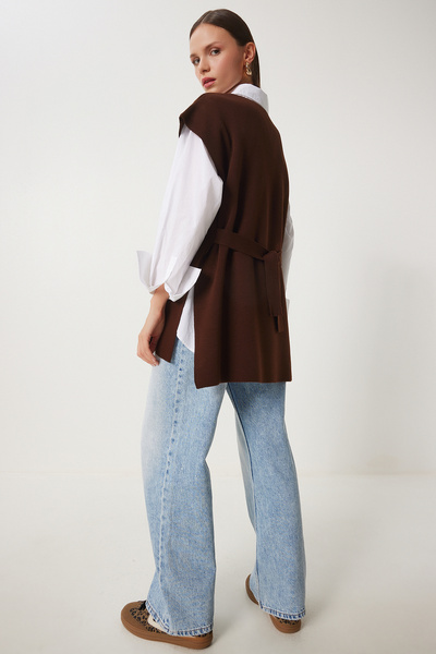V-Neck Belted Long Knit Sweater Brown Lus0042