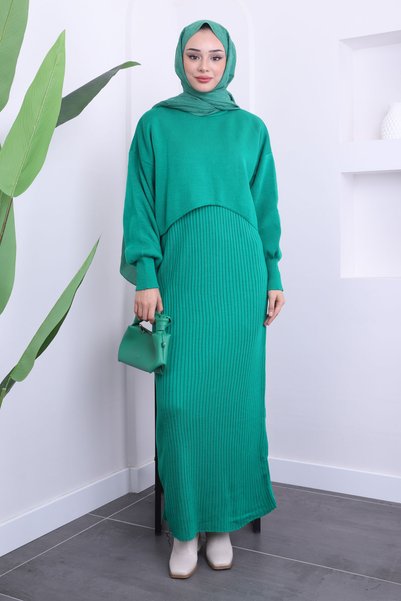 Green Crop Sweater Knitwear Dress Double Combination