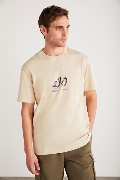 Pablo Men's 100% Organic Cotton Regular Front Printed Stitching Decorative Detailed Beige T-Shirt
