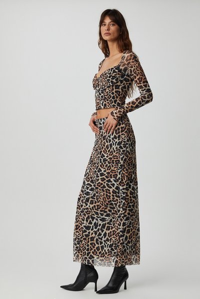 Beulah Women's Maxi Length Slim Fit Elastic Waist Tulle Tie-Dye Patterned Leopard Patterned Skirt