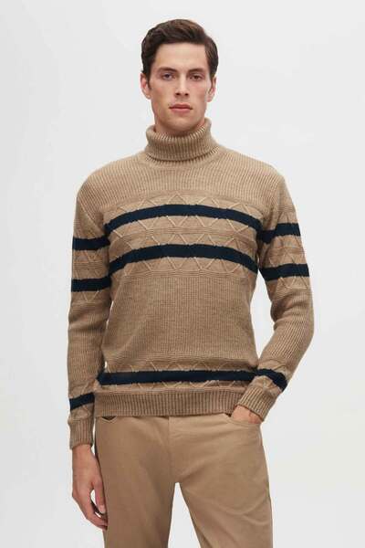 Ds Damat Regular Fit Camel Striped Non-Pilling Full Turtleneck Knitwear Sweater