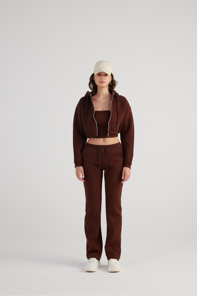 High Waist Straight Cut Shredded Mixed Sweatpants Brown