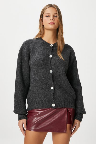 Women's Demi Basic Soft Texture Anthracite Basic Knitwear Cardigan