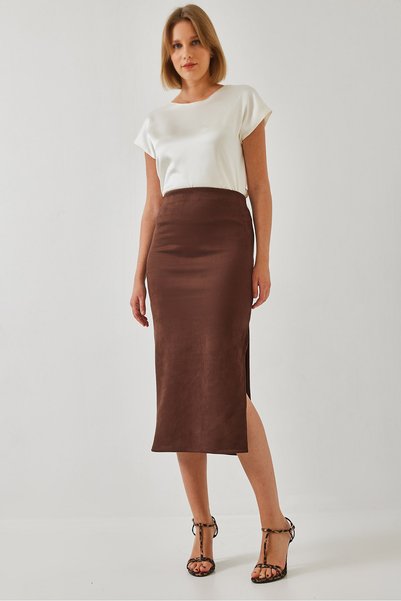 Women's Brown Slit Suede Pencil Skirt 60261039