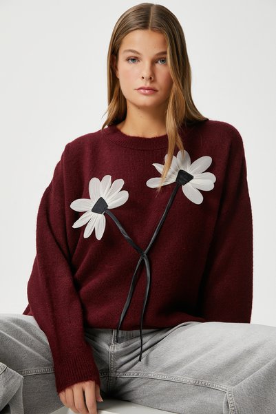 Women's Miranda Floral Detail Claret Red Knitwear Sweater