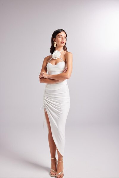 Adjustable Gathered Midi Poena Skirt White