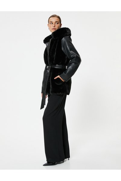 Zippered Pocket Belt Detailed Hooded Faux Leather Plush Coat