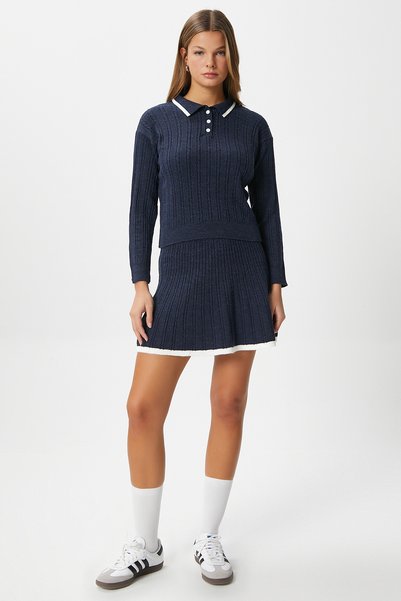 Women's Mia Polo Neck Navy Blue Stripe Sweater Skirt Knitwear Bottom Top Set