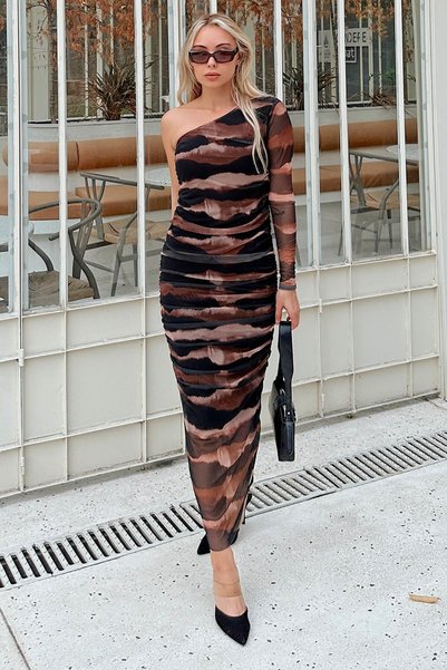 Brown Zebra Patterned Lined One-Shoulder Women's Tulle Dress