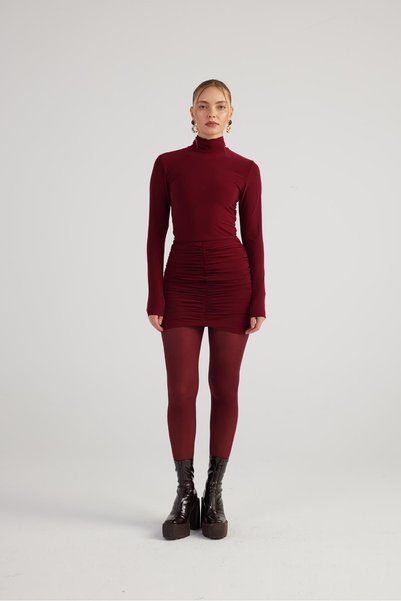 Turtleneck Gathered Mini Tami Dress Burgundy